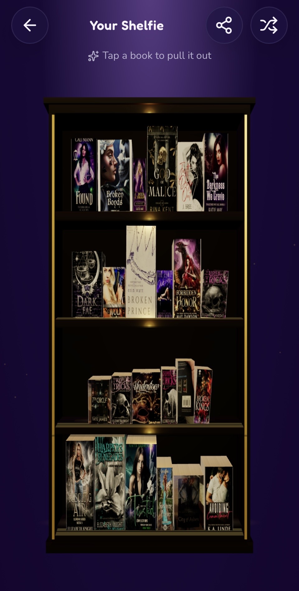 A real TBRly Shelfie showing dark bookshelves filled with the reader's book covers