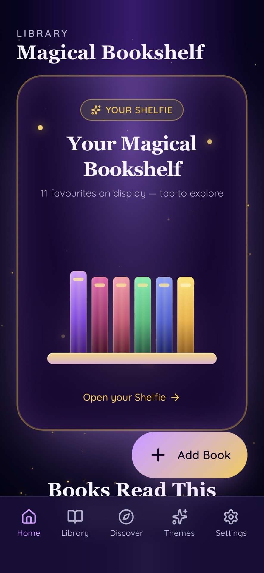 TBRly Magical Bookshelf screen with the Your Shelfie card